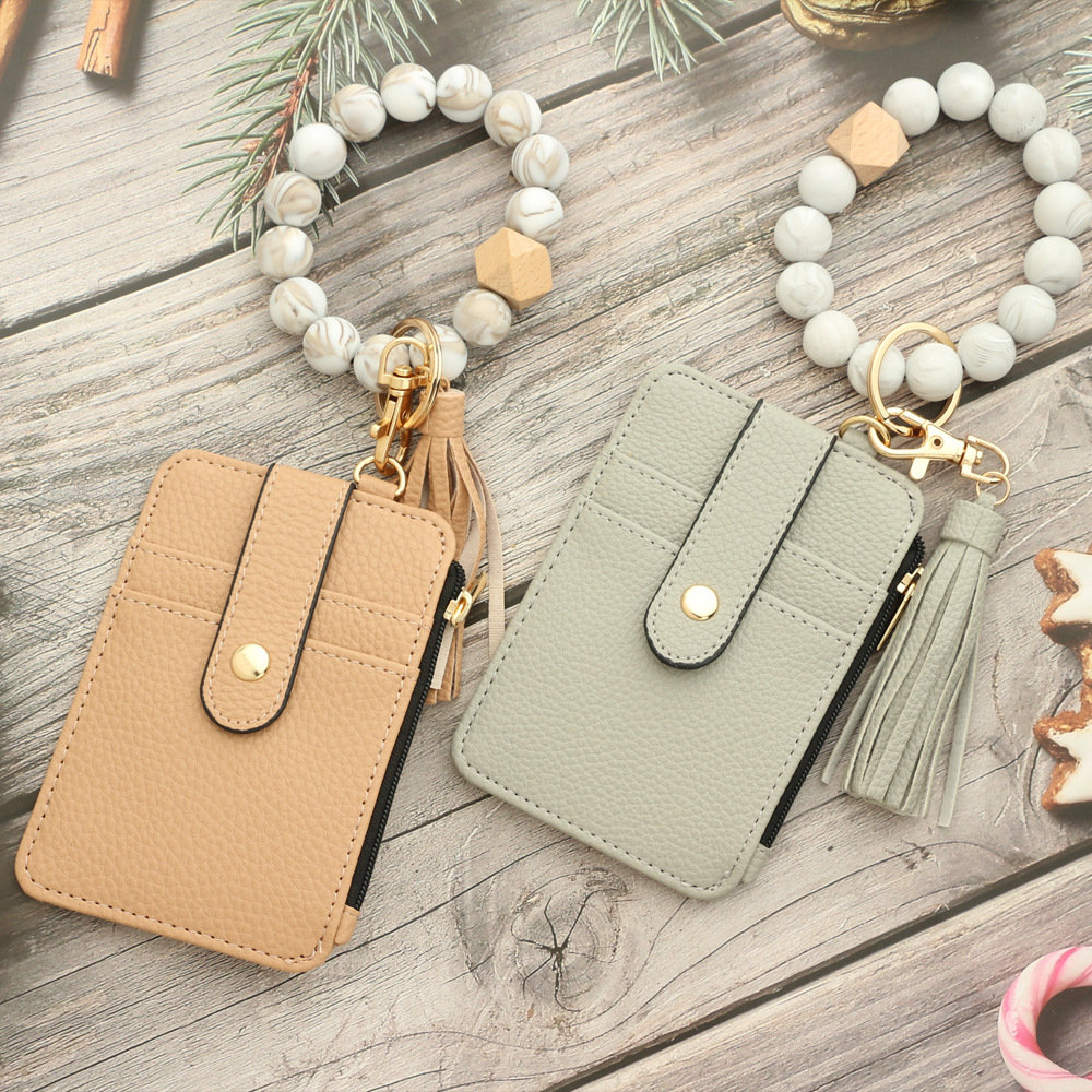 2-PCS Black Silicone Bead Keychain Bracelet Wallet PU Leather ID Card Holder with Tassel Wristlet Bangle for Women โ image 2