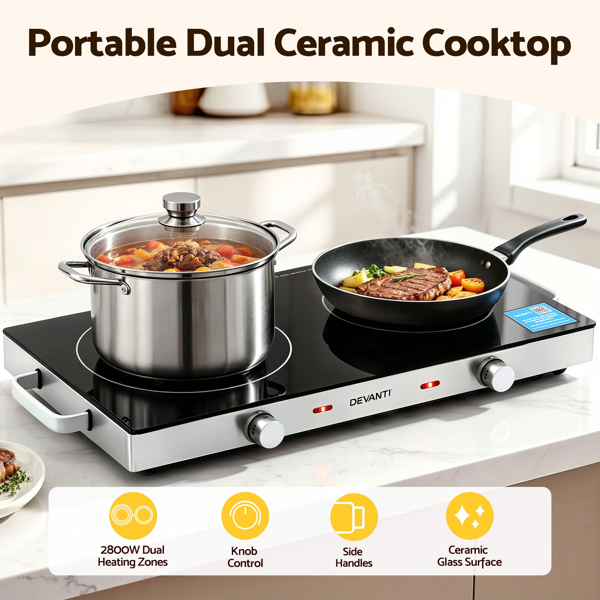 Devanti Portable Ceramic Cooktop Dual Burner Electric Hot Plate 2800W Black โ image 4
