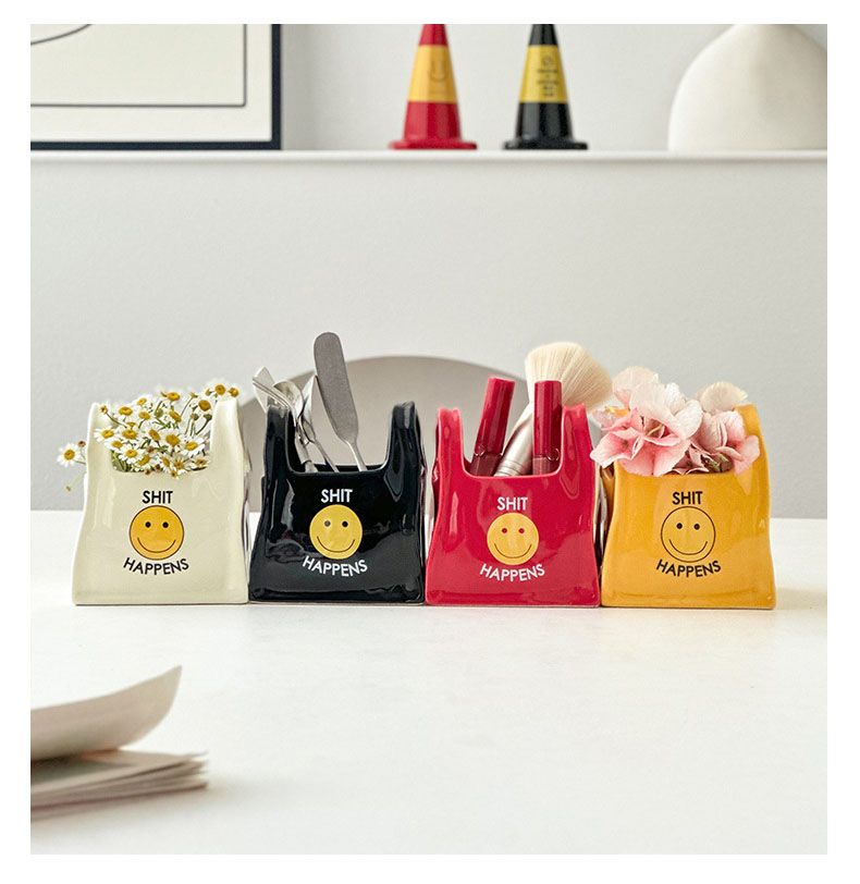 Yellow Ceramic Mini Tote Bag Pen Holder - Creative Desktop Storage Organizer for Makeup Brushes, Remote Controls and Stationery, Cute Smiley Decorative โ image 5