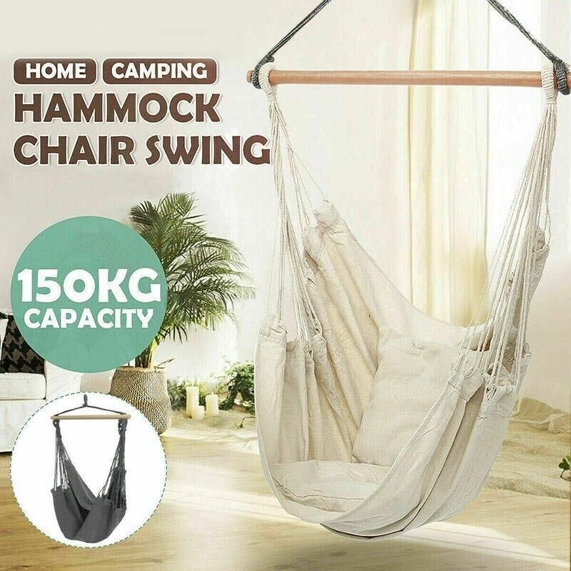 Portable Hanging Hammock Chair Swing Garden Outdoor Camping Soft - White โ image 4