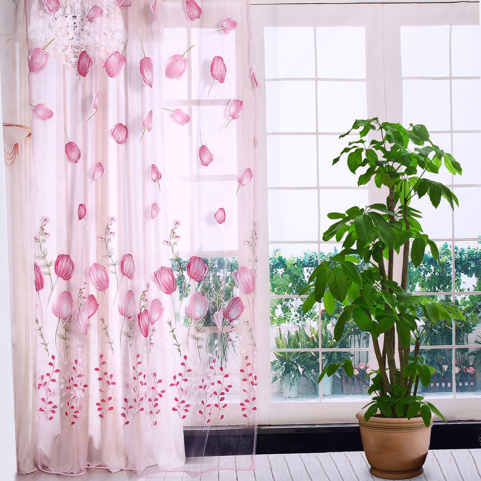 100*200cm Tulips Printing Tulle Curtains Sheer Drape Balcony Window Decoration Pink โ image 4
