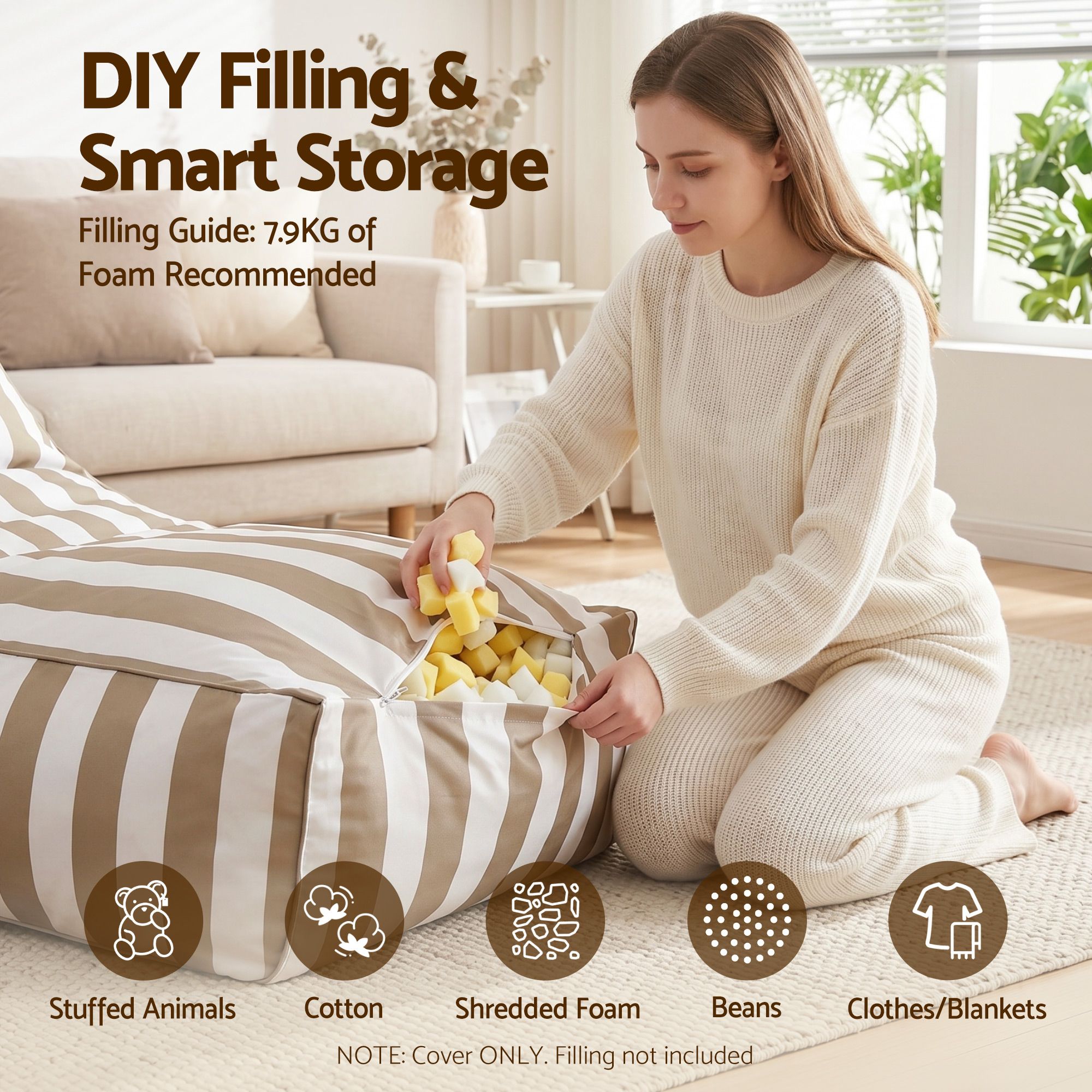 Artiss Outdoor Bean Bag Chair Cover (No Filler) Splash-Proof Beanbag Lounge Sofacover Stuffed Animal Storage Bean Bag Cover for Patio Poolside Relaxing, Taupe — image 5