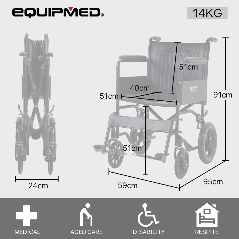 EQUIPMED Folding Transit Manual Wheelchair, Attendant Propelled, Steel Frame, Wide Seat, Comfortable for S-XL, 114kg Capacity, Park Brakes, Transport โ image 2