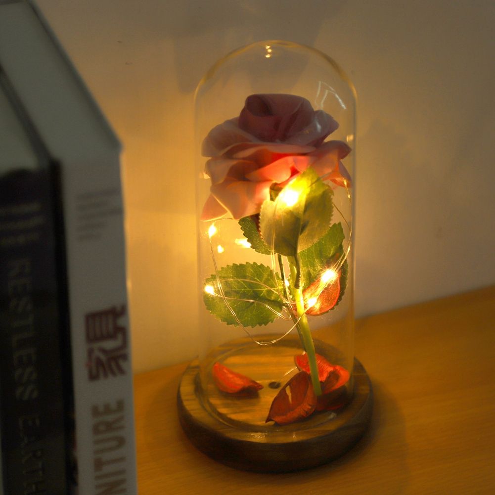 Preserved Rose Flower LED Light with Glass Cover Wooden Base Valentines'Day Wedding Gift Pink โ image 2