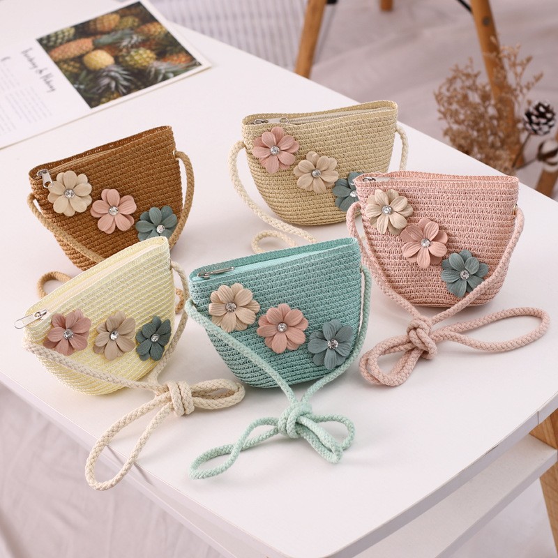 Girls Straw Hat and Shoulder Bag Set for Summer Beach Travel Outdoor Play, Green — image 5