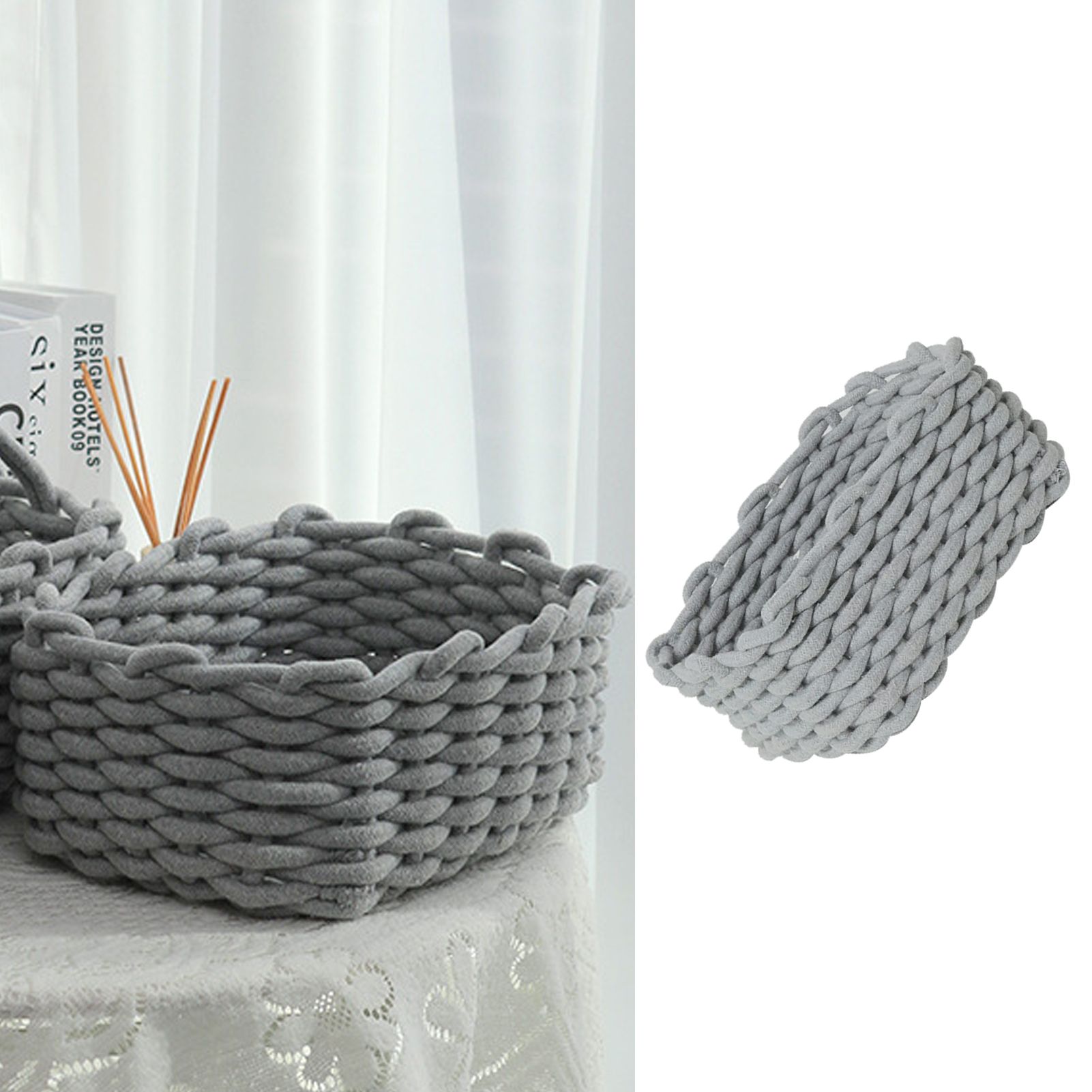 Cotton Rope Storage Basket Hand Knitting Nordic Style Desktop Storage Organizer for Key Snacks Underwear Grey 30 × 22 × 14cm/11.8 × 8.7 × 5.5in — image 6