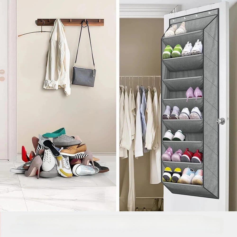 12 Pairs Wall Mounted Shoe Rack with Hooks, Shoe Hanger Storage for Door, 24 × 12 × 4 inches, Gray — image 5