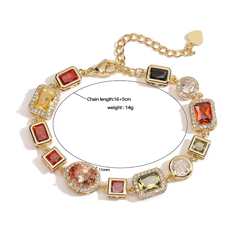 Gold Elegant Light Luxury Geometric Colorful Gemstone Bracelet (L: 16-21CM) - Copper Cuban Chain Cuff โ image 3