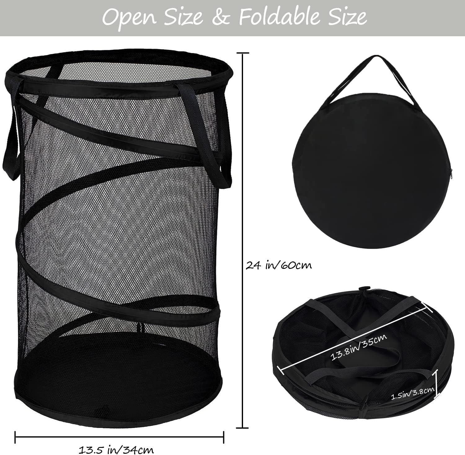 Collapsible Laundry Basket Foldable Mesh Pop Up Hamper with Handles for Laundry Room, Bathroom, Kids Room, College Dorm, Travel, Storage Organizer Black — image 2