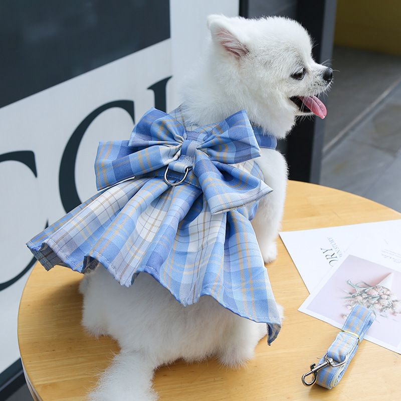Blue Plaid Pet Harness Dress with Leash for Small Dogs and Cats XXL Size Bow Design Vest Outfit Walking Accessory — image 5