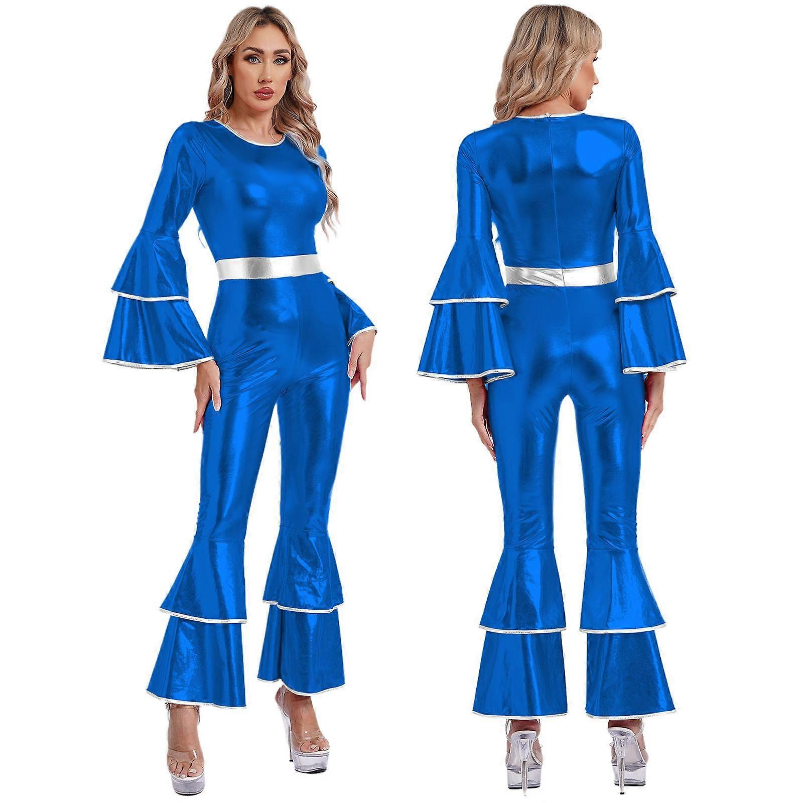 Women's Vintage 70s Disco Shiny Jumpsuit Bell Bottom Hippie Romper Cheerleading Uniform Halloween Cosplay Theme Party Costume royal blue_yux royal blue M