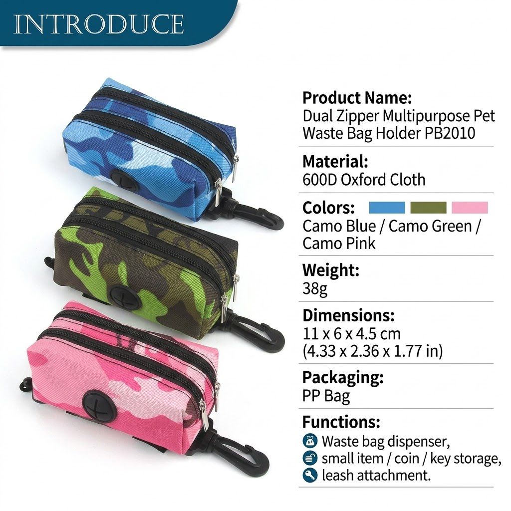 Dual-Zipper Camo Pet Waste Bag Dispenser Carrier with Key Pocket – Lightweight Oxford Fabric Poop Bag Holder for Leash, Strap, or Belt, Perfect for Walks — image 4