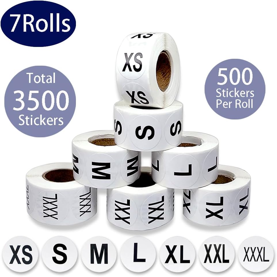 3500 Pcs Clothing Size Stickers, 1 Inch Round Self Adhesive, 7 Sizes XS-S-XXXL for T Shirts (Black) — image 4
