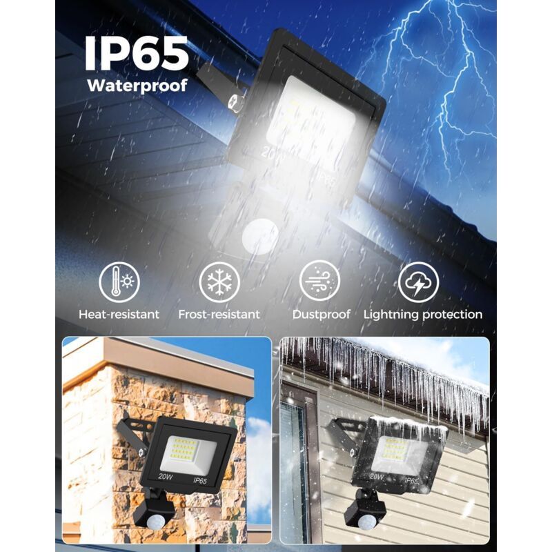 20W Floodlight LED Outdoor with Detector, 2000LM Spot LED Outdoor, IP65 Waterproof Lighting Outdoor White, Garage — image 2