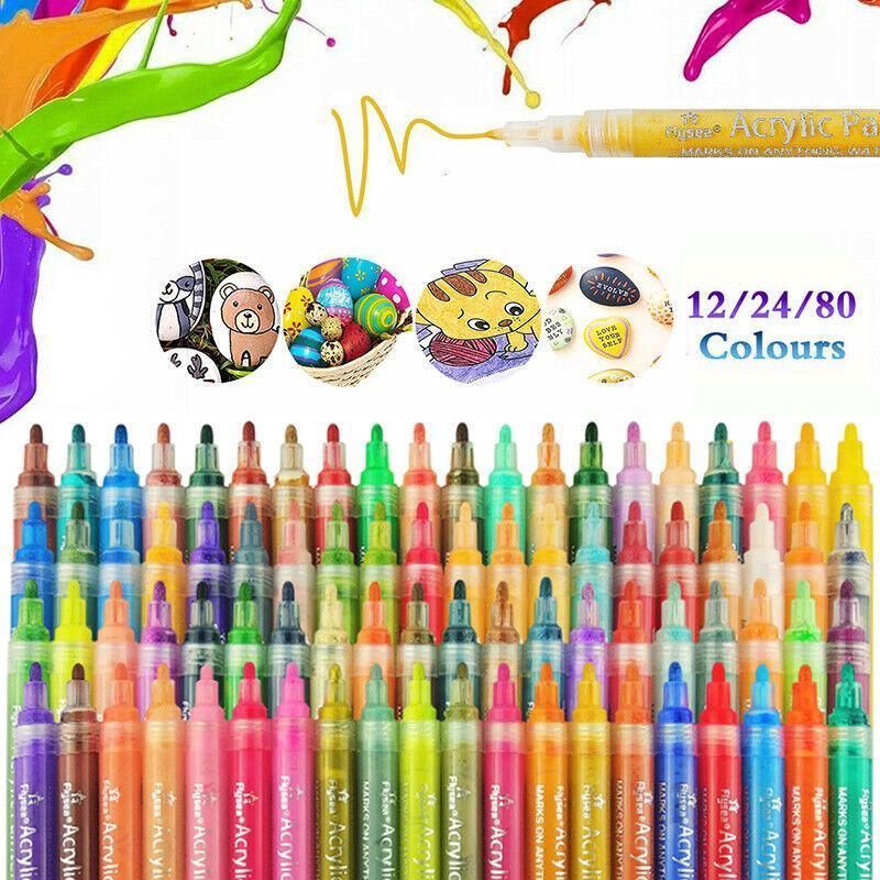 Flysea 12-80 Colours Acrylic Paint Pens Painting Stone Ceramic Glass Marker2-3Mm - 12-Colour Set — image 2