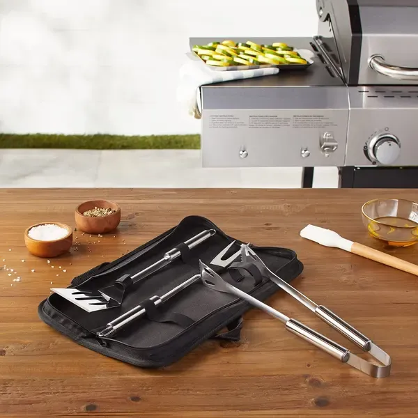 3 Piece Stainless Steel BBQ Grill Tool Set with Spatula, Fork, Tongs and Carrying Bag for Camping and Outdoor Grilling — image 3