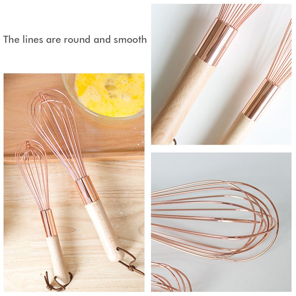 Wooden Handle Stainless Steel Whisk Egg Beater Rose Gold Mixing Cooking Tools Firm Durable Cream Frother Baking Utensils — image 6