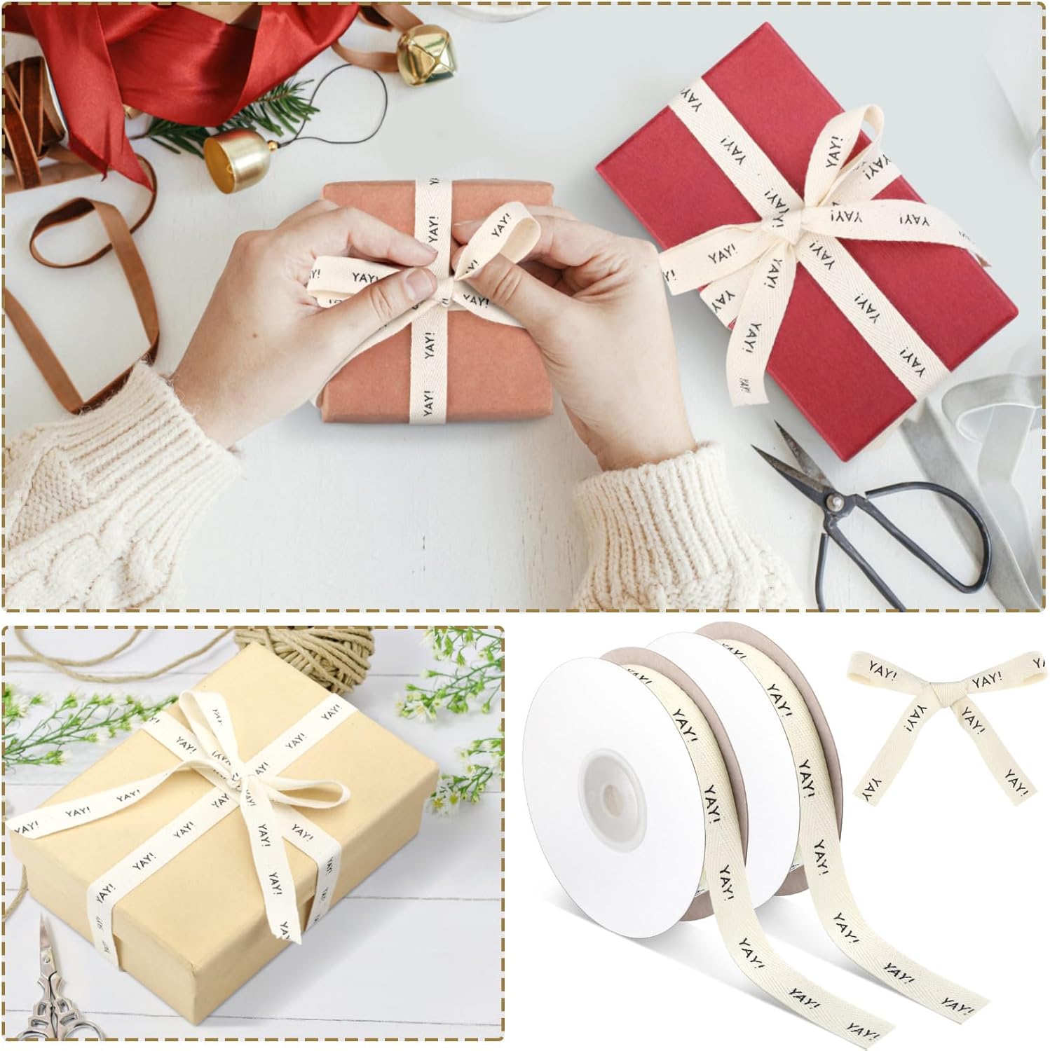 20 Yards Yay Cotton Ribbon, Natural 5/8 Inch 100% Herringbone Twill Ribbon for Crafts Gift Wrapping Birthday Decorations, 2 Rolls โ image 4