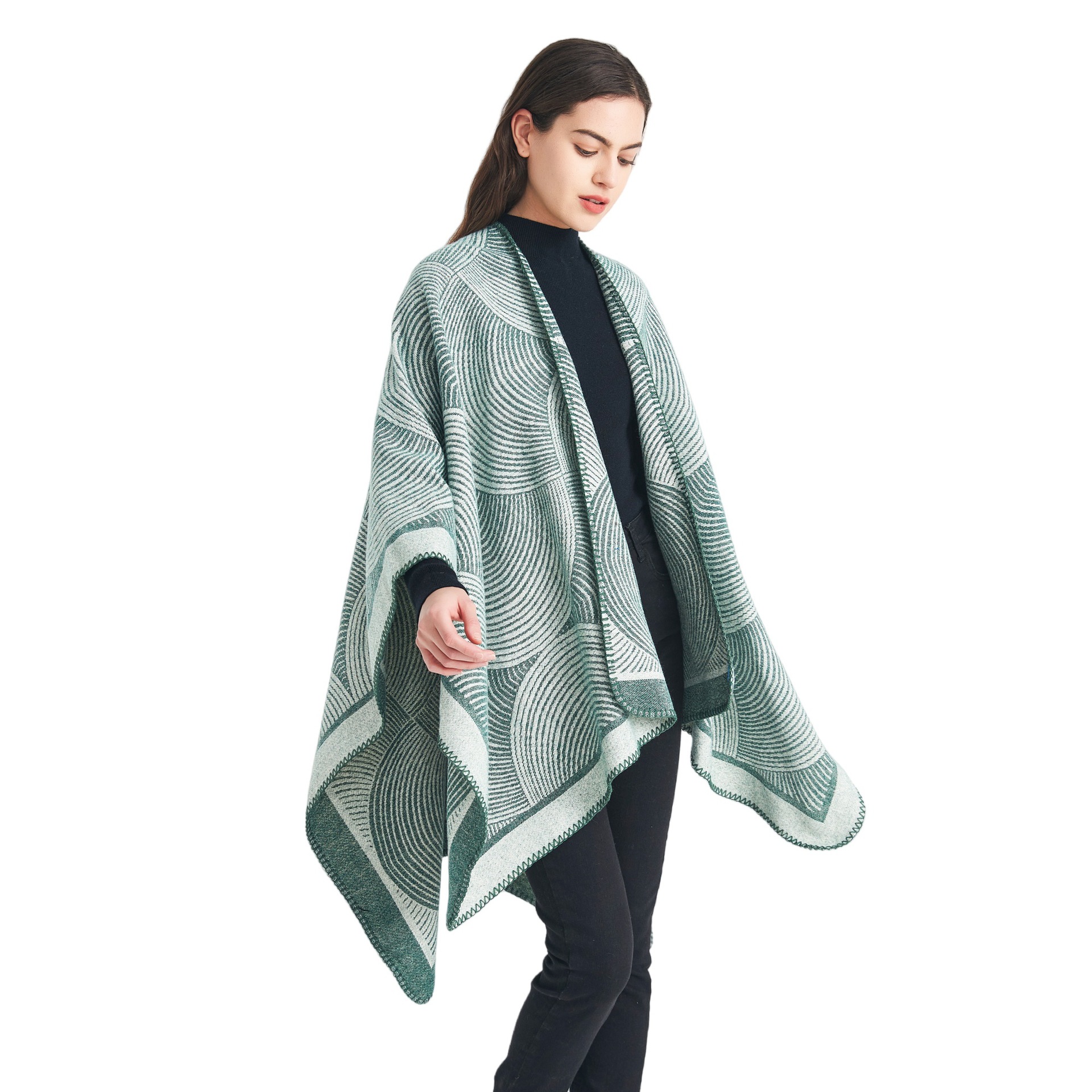 Green Geometric Print Cape - Cozy Knit Poncho for Women (165 × 130cm) — image 2