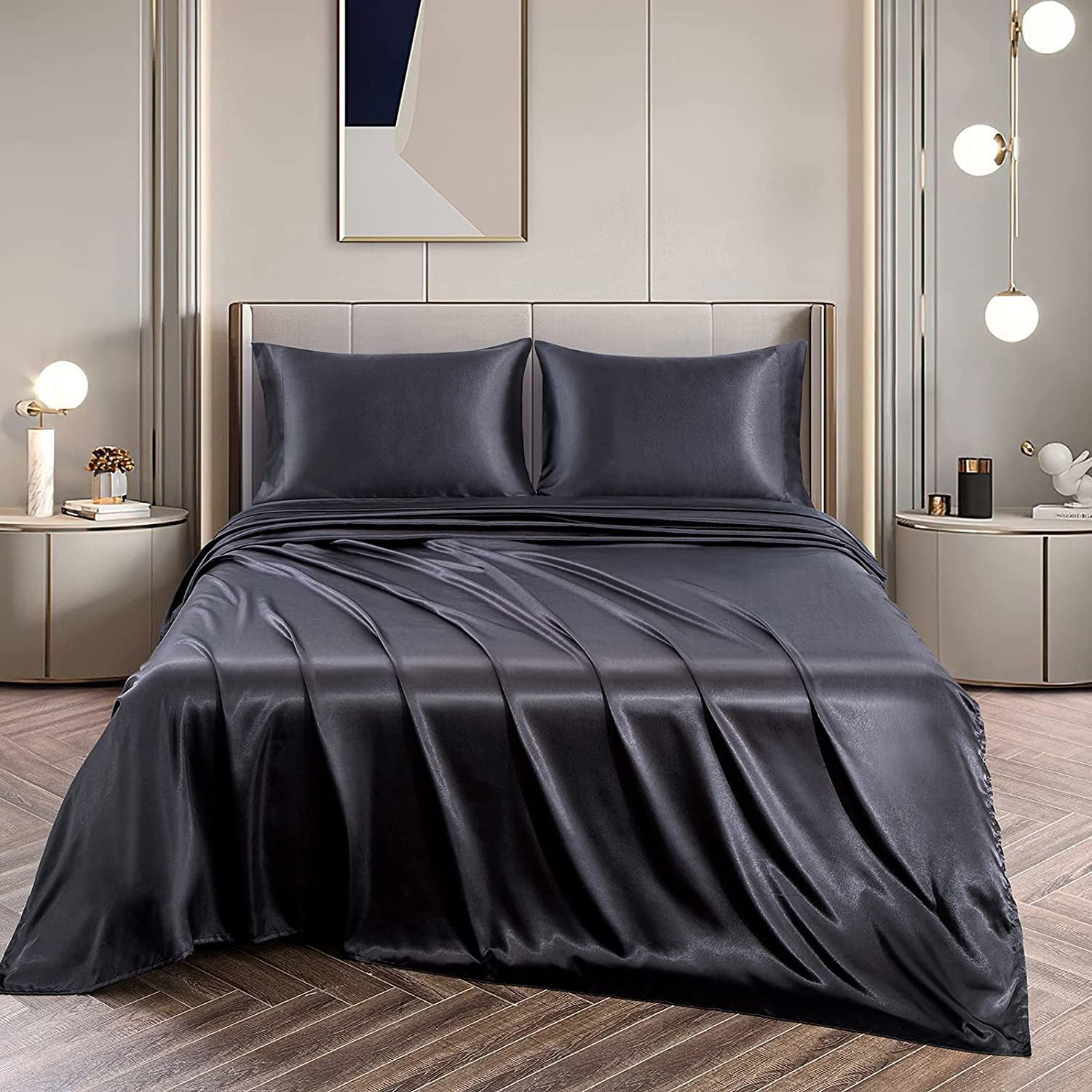 Art Silk Satin Sheet Set Hotel 4 Pieces Fitted/Flat Sheet Bedding Set-Luxury Soft Silky Sheets for Hair and Skin, Similar to Silk Bed Sheets Set 4