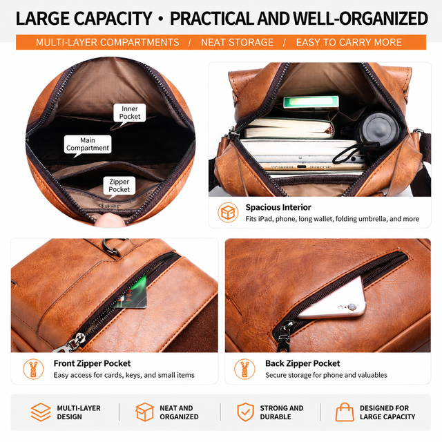 4PCS Black Retro Business Casual Bag Set with Soft PU Leather Messenger Bag, Handbag, Long & Short Wallet - Large Capacity Multi Compartments and Structured — image 3
