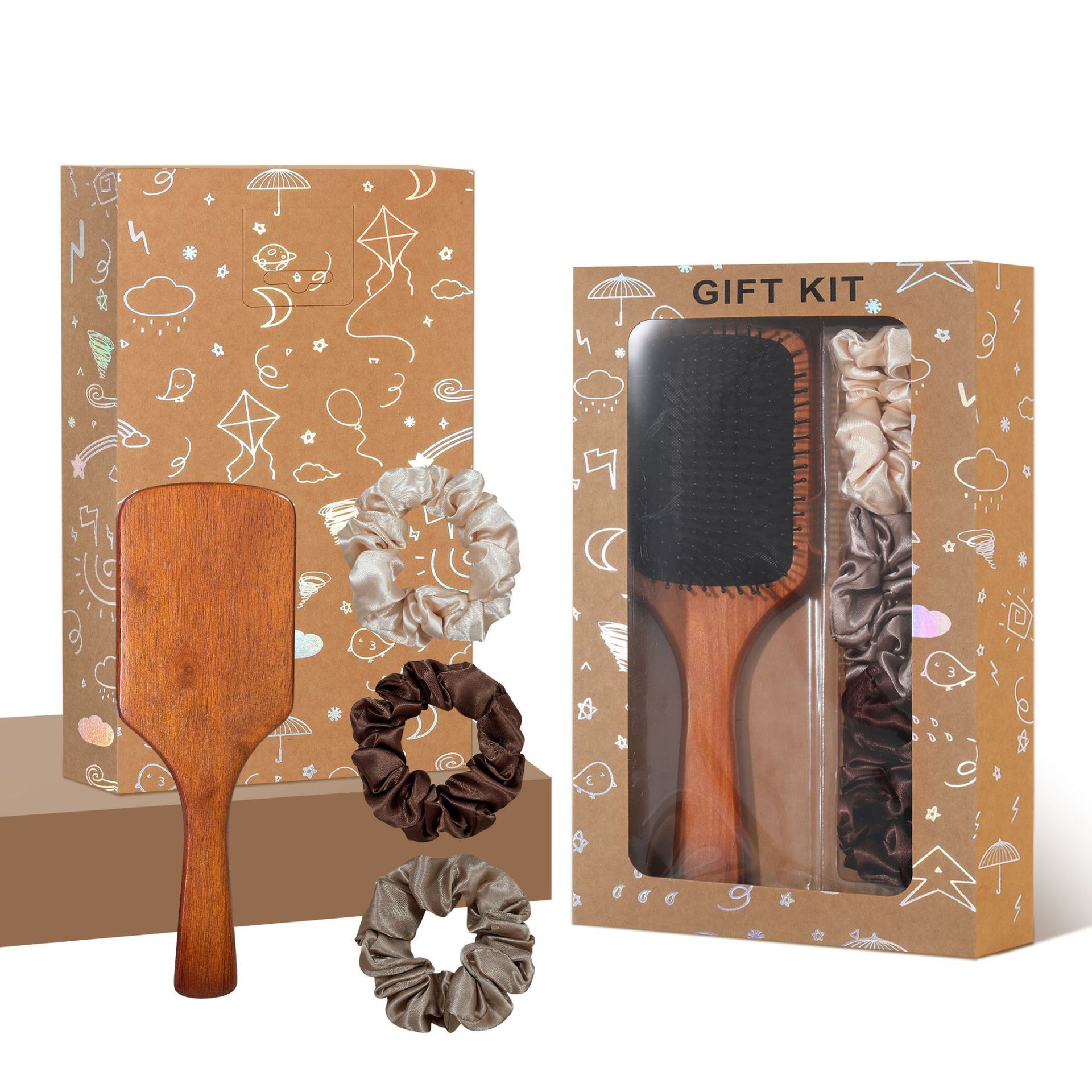 Black Paddle Hair Brush Gift Set with Satin Scrunchies - Cushion Airbag Design for Scalp Massage and Detangling, Gift Ready Pack for Women and Girls, Ideal for