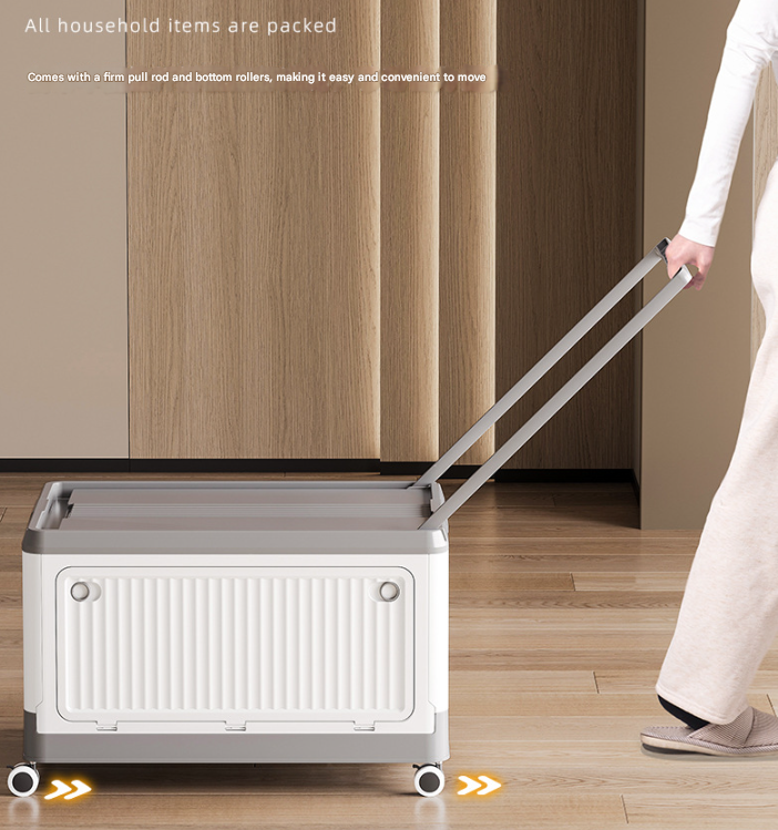Size L Grey Collapsible Storage Box with Wheels and Telescopic Handle - Stackable Folding Crate for Car & Home โ image 2