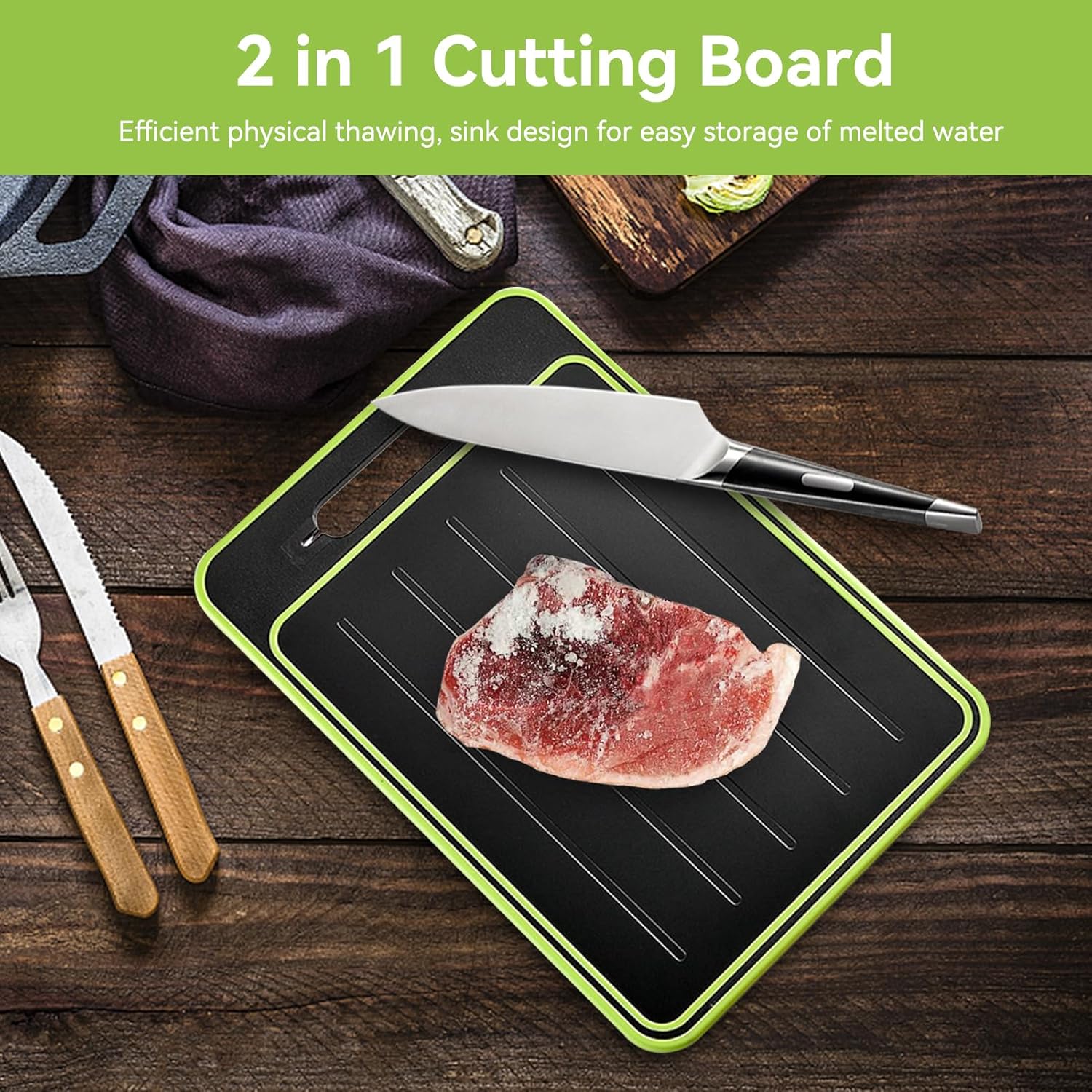 2 in 1 Defrosting Tray, Defrost Cutting Board with Knife Sharpener, Thawing Tray for Frozen Meat, Double Sided Sharpener â image 2
