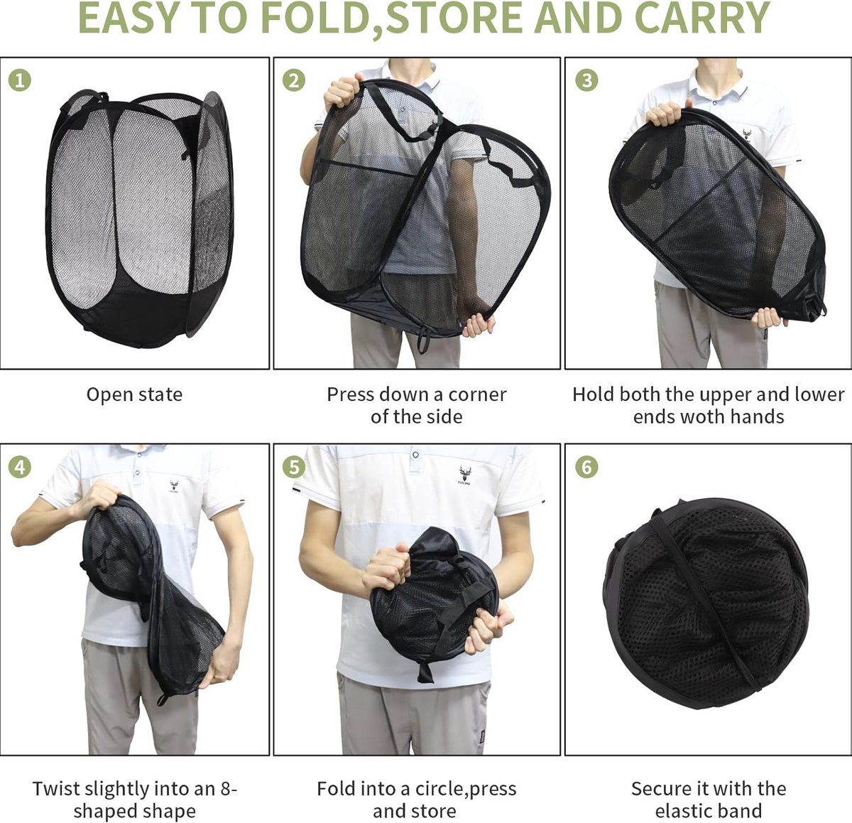 3 Pieces Pop Up Laundry Baskets, Foldable Portable Clothes Hampers for Bathroom, Bedroom, College, Camping and Travel, Black, 36 x 58 cm โ image 3