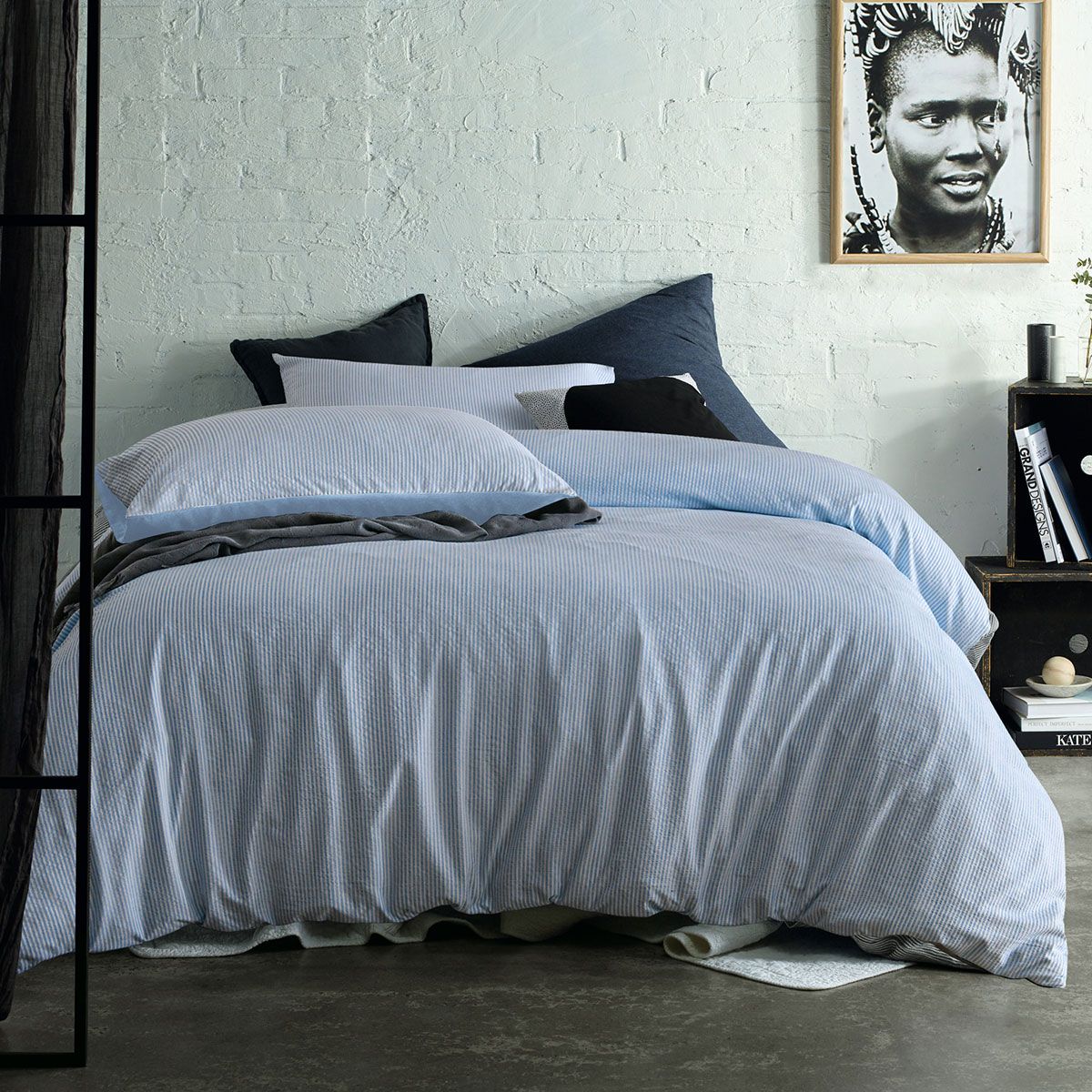 Accessorize Ripley Blue Striped Pattern Quilt Cover Set Queen