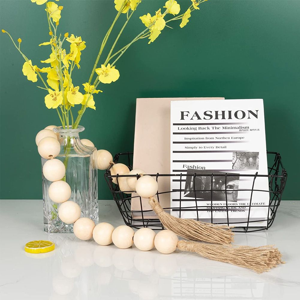 Wooden Beads and Tassels,Long Rustic Farmhouse Country Decorative Beads for Home Tiered Tray Decor, Natural Beige(Round bead 98cm) — image 5