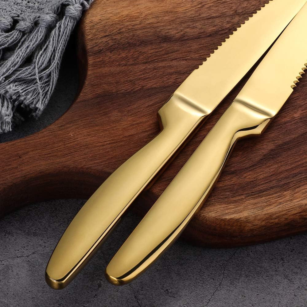Stainless Steel Serrated Steak Knife Set of 6, BuyGo Gold Color Heavy Duty Dinner Table Knives for Cutting Meat, Beef, 8.6 Inch, Dishwasher Safe — image 4