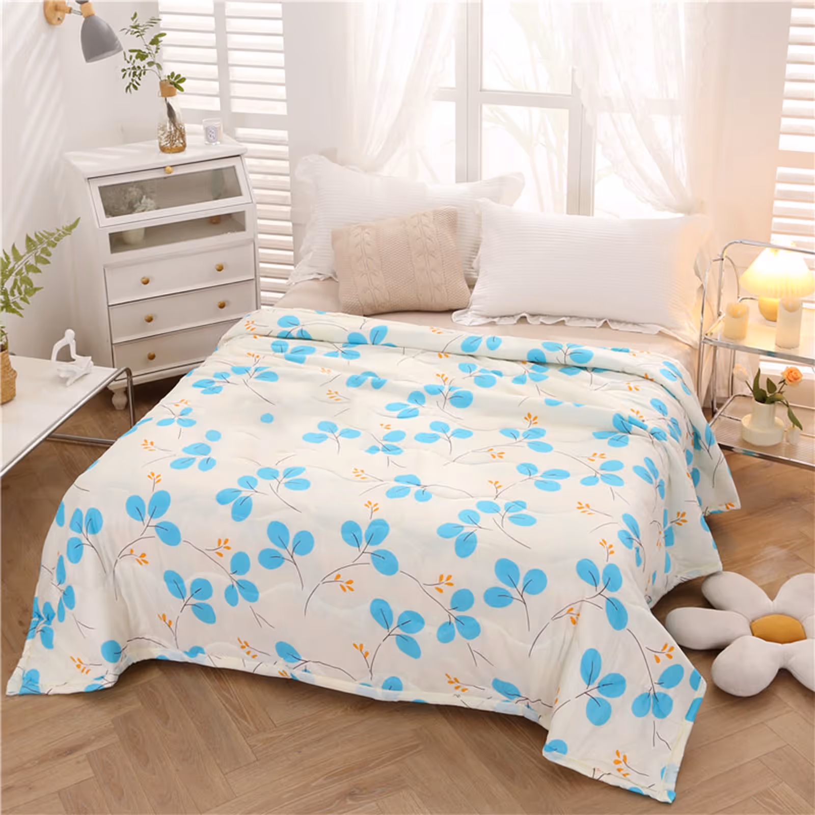 Oversized Bedspreads for Extra Bed 100x150cm, Wild Floral Printed Quilt Cotton Flower Botanical Pattern Bedding Vintage Coverlet Washable Quilts Quilted Blanket