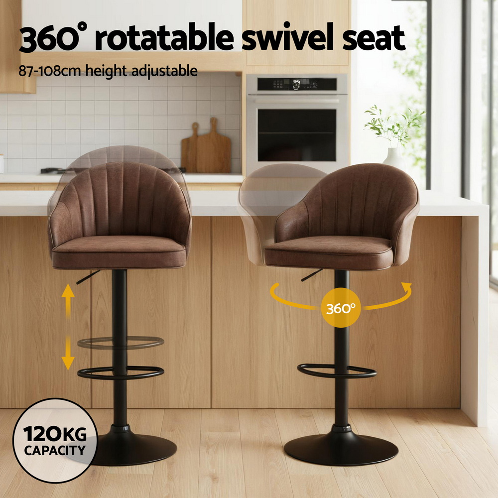Artiss 2x Bar Stools Kitchen Swivel Gas Lift Counter Chair Shell Leather Brown — image 4