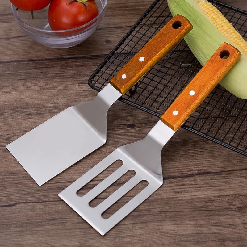2 PCS Metal Spatula for Cast Iron Skillet, Stainless Steel Grill Spatula Slotted Turner Fish with Wood Handle Flat Top Griddle for Cooking BBQ — image 2