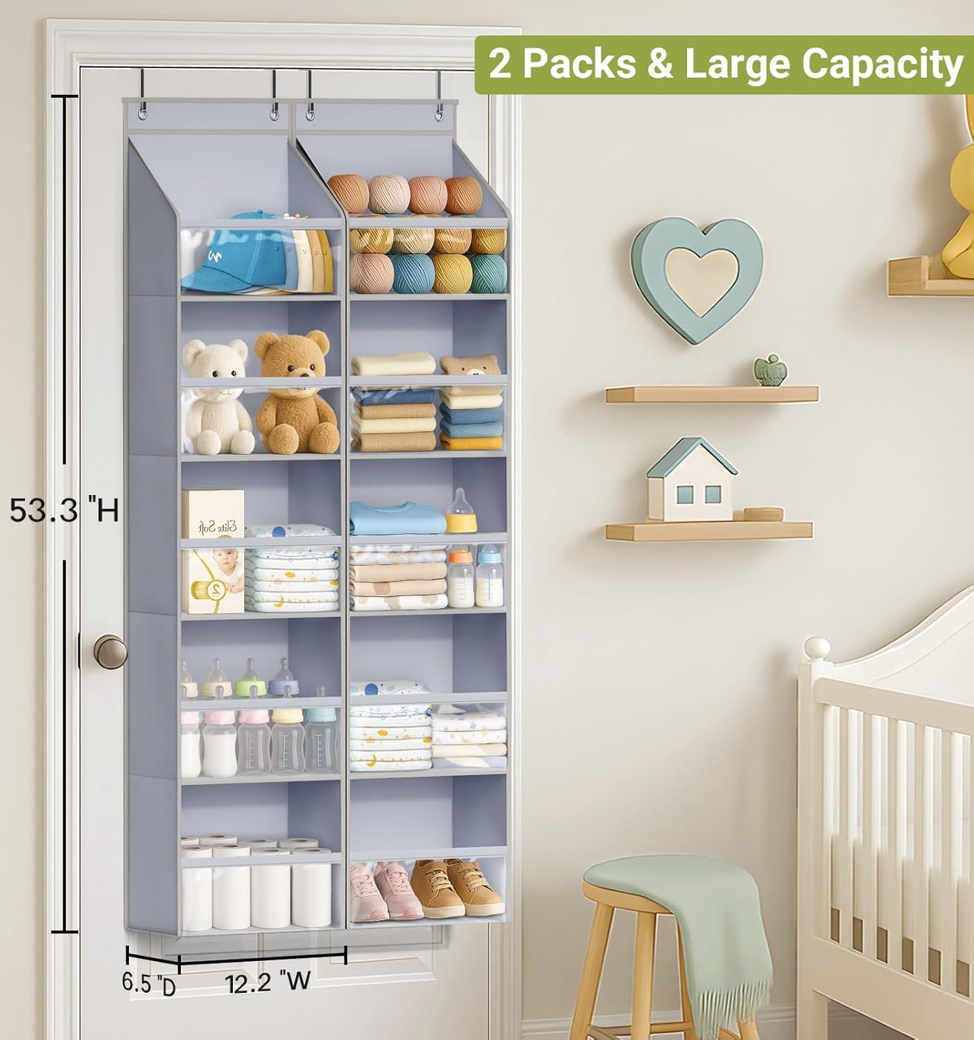 2 Pack Over the Door Organizer, Large Capacity Closet Door Hanging Organizer, Clear Deep Pockets Baby Organizer Storage for Nursery, Bathroom, Bedroom, Pantry — image 2