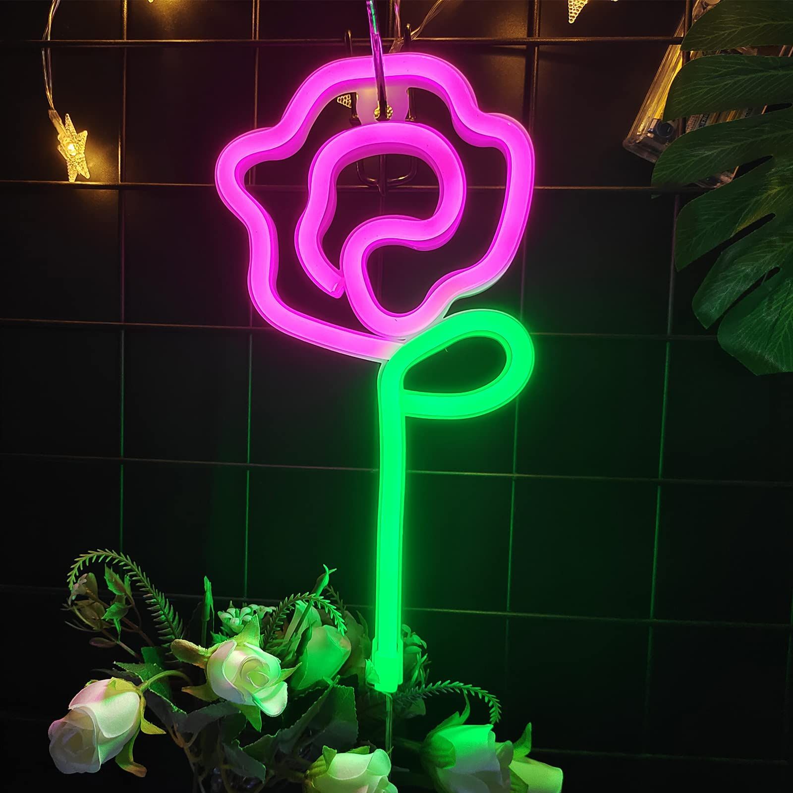 Neon Pink Rose Flower Neon sign USB/Battery Powered Night Sign LED Wall Sign Wall Art For Night Lamps Light Up Signs