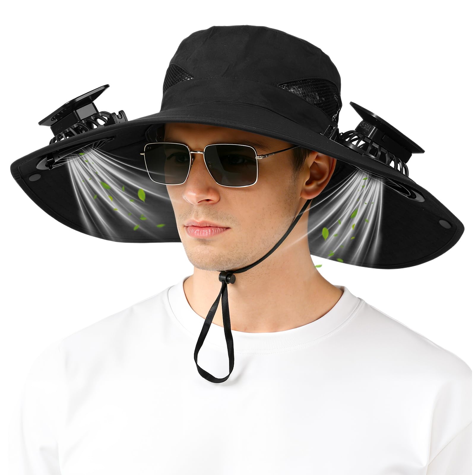 Solar-Powered Dual-Fan Sun Hat – UPF 50+ Wide-Brim Outdoor Hat with 2 USB/Solar Rechargeable Fans, Adjustable Strap, Breathable Mesh, for Fishing, Hiking