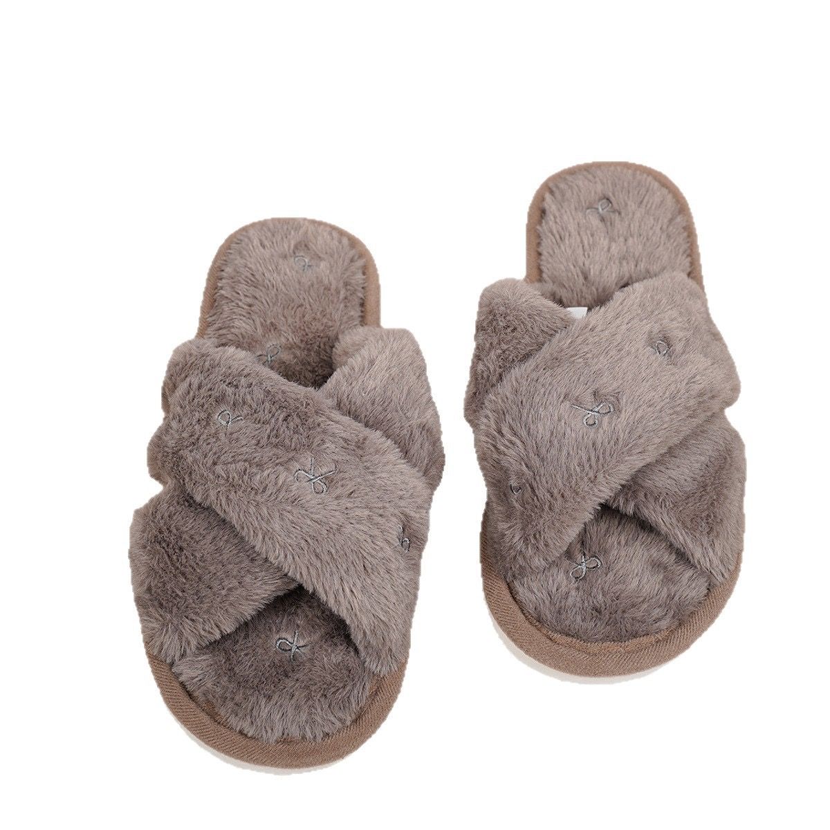 Cozy Cross-Band Plush Slippers with Embroidered Bow, Non-Slip Indoor & Outdoor Wear for Women, Soft Fleece Lining for Warmth and Comfort (S(36-37), Brown)