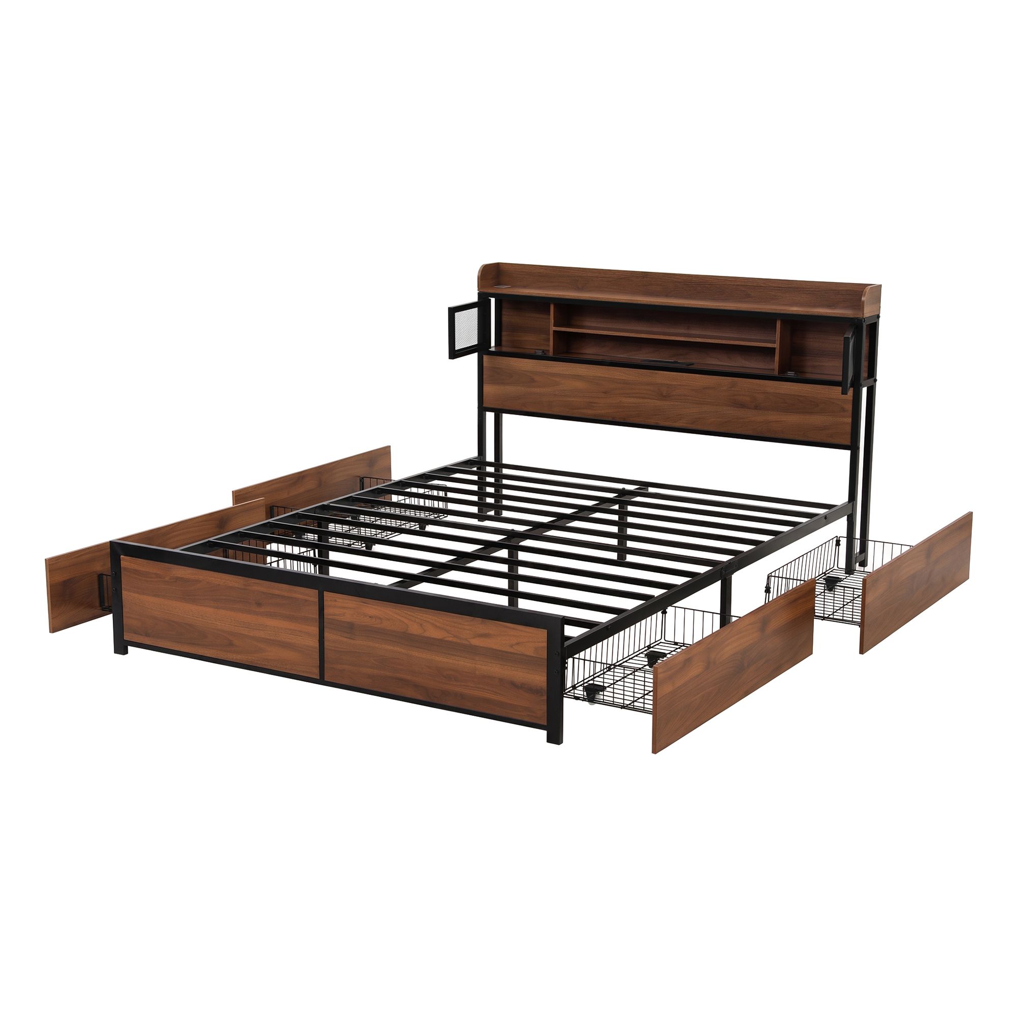 Artiss Double Bed Frame with Charging Station 4 Drawers Storage Oak — image 3