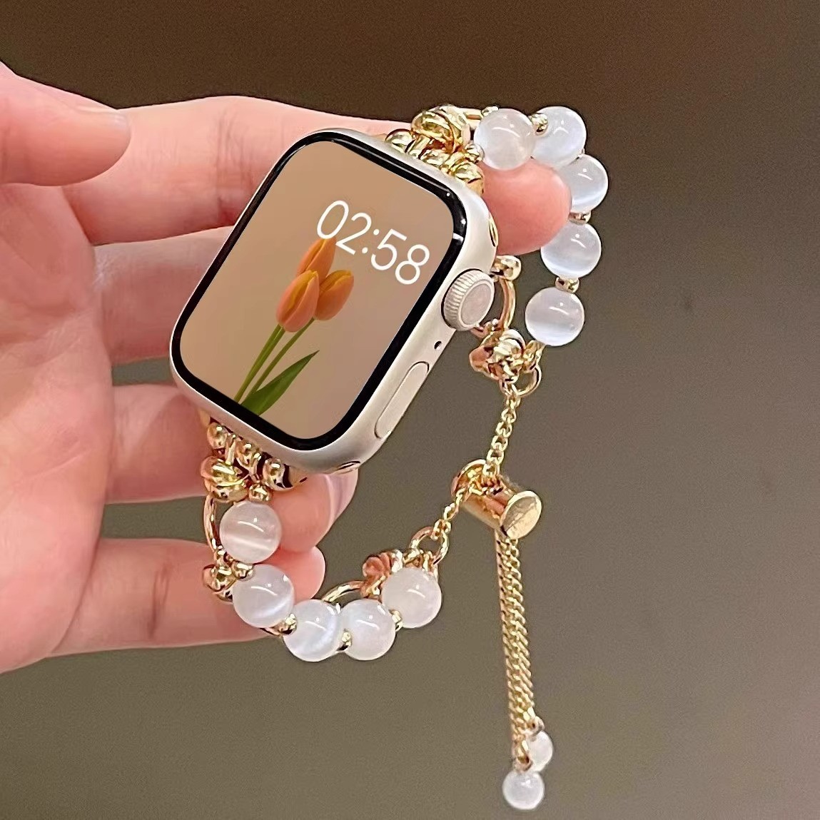 2-pcs Gold chain with white beads Elegant Cat's Eye Beaded Bracelet Band for Apple Watch - Women's Luxury Strap (Compatible Size:42/44/45MM ) — image 2