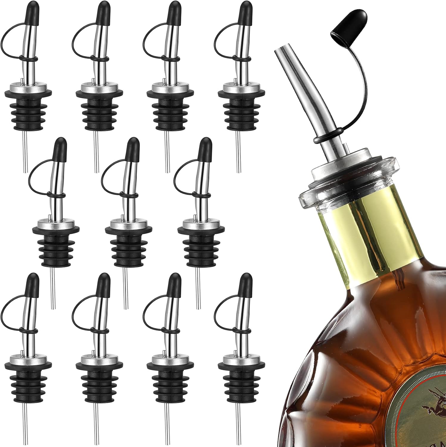 12 Pack Liquor Pour Spout, Stainless Steel Liquor Bottle Pourers with Rubber Dust Caps for Alcohol, Olive Oil, Liquor Pourers with Dust Caps, Speed Pourers