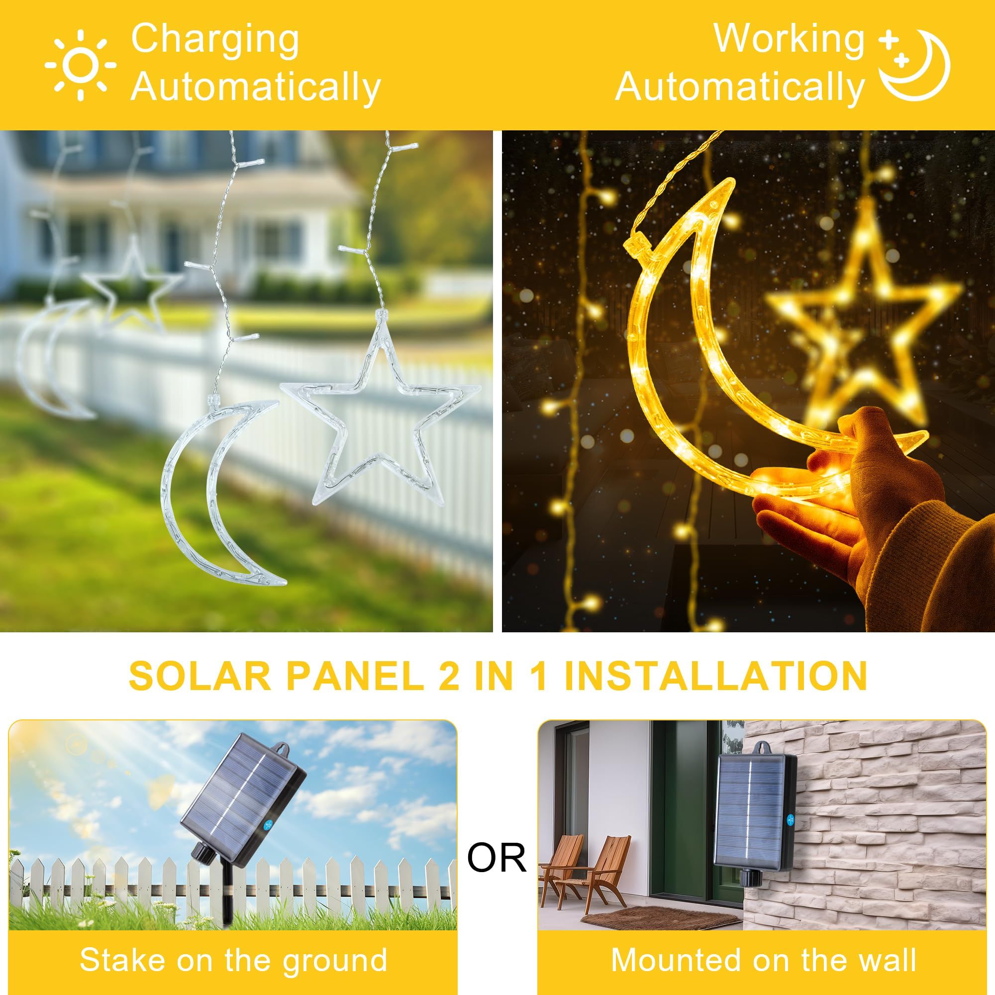 Solar Curtain Lights 138*LEDs, Star Moon Ramadan String Lights with 8 Lighting Mode, Waterproof Solar Powered Twinkle Hanging โ image 3