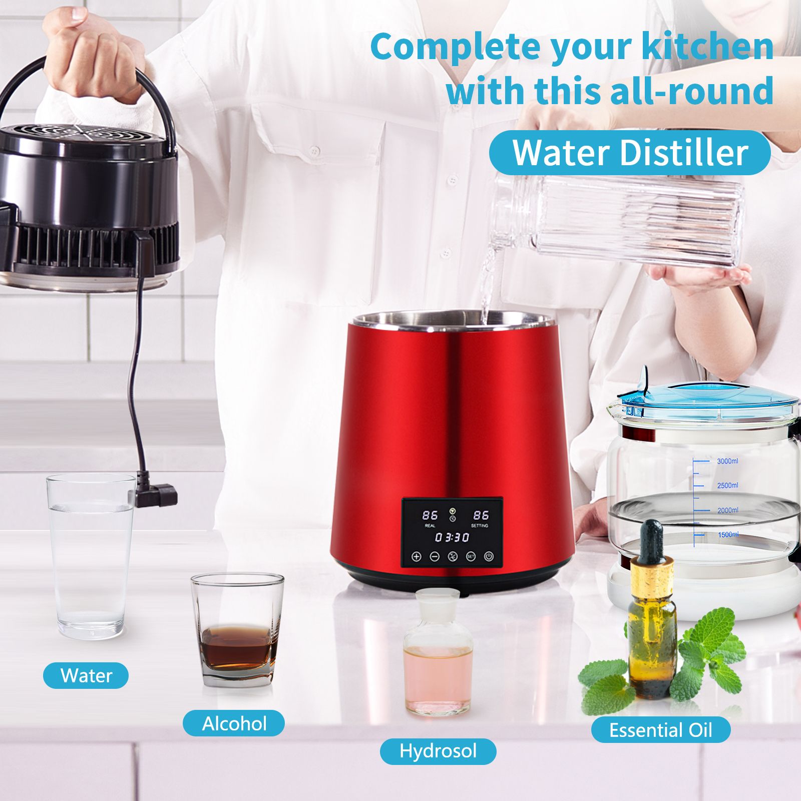 4L Water Distiller Distilled Water Maker 1 L/H w/ Timing Dual Temp Red — image 2