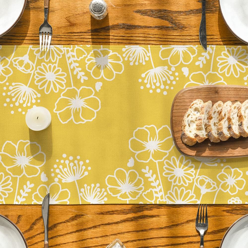 Yellow Bloom Flowers Butterfly Spring Table Runner, Seasonal Holiday Kitchen Dining Table Decoration for Home Party Indoor 13 × 72 Inch — image 3