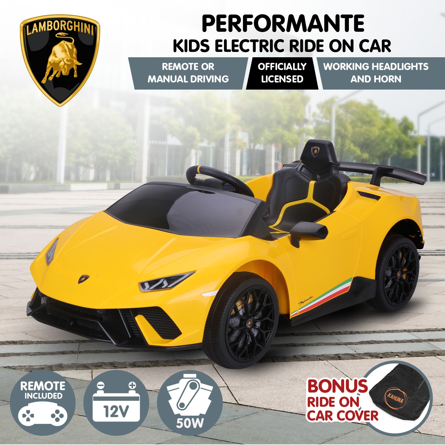 Kahuna Lamborghini Performante Kids Electric Ride On Car Remote Control - Yellow — image 3