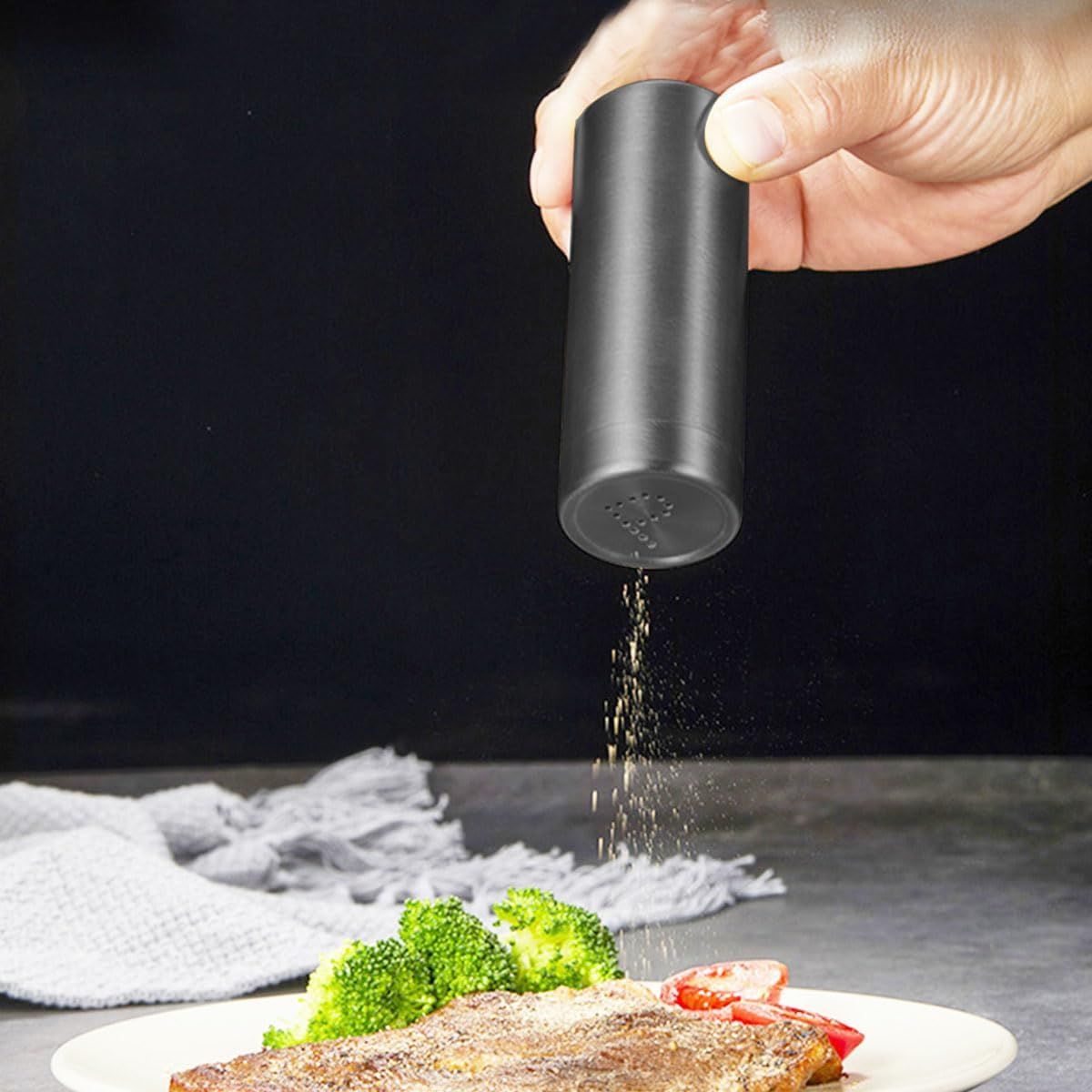 2-Pcs Salt Pepper Shakers,304 Stainless Steel Spice Jars Seasoning Dispenser for Salt Sugar Spice Pepper (Light Black) โ image 3