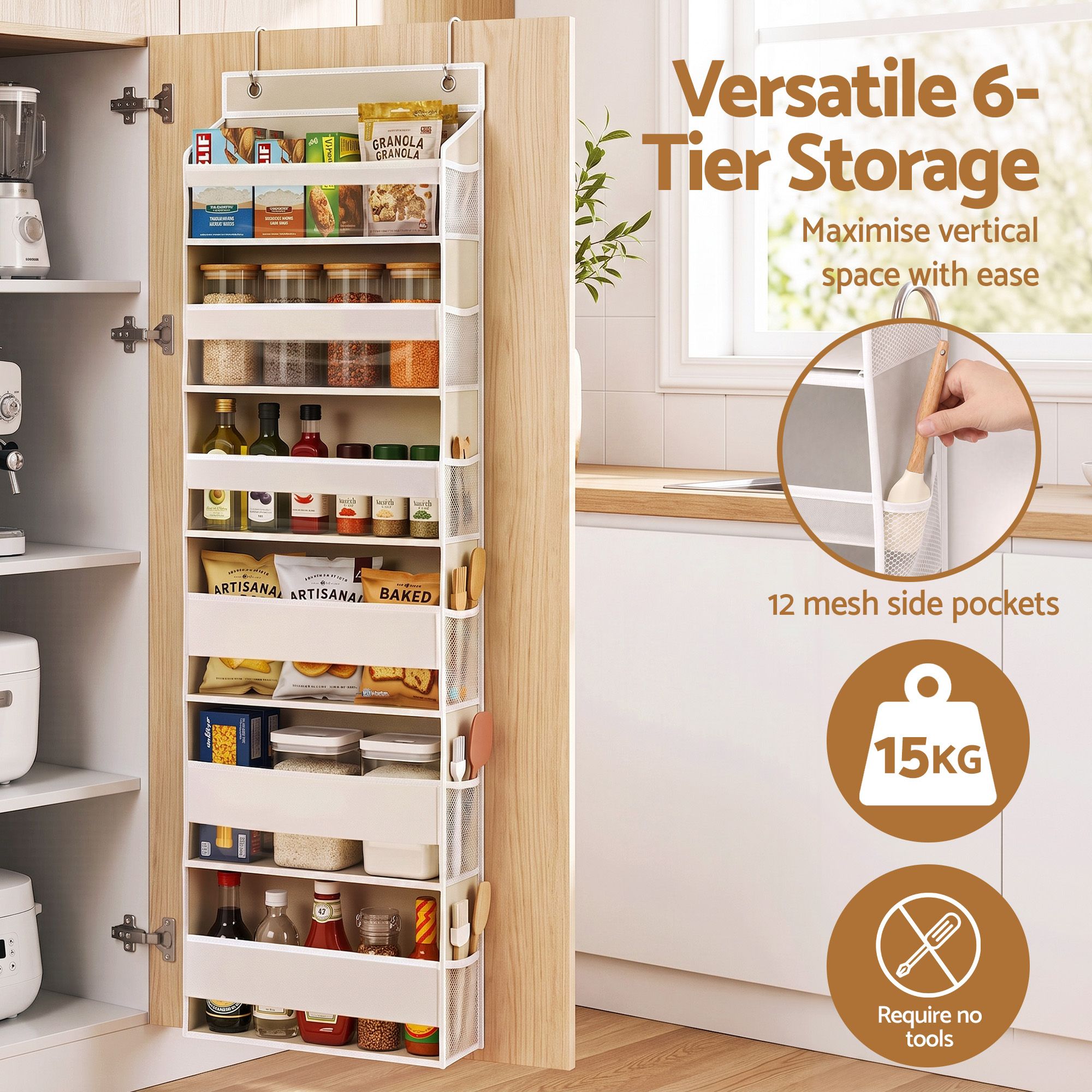 Artiss Over Door Storage Hanger Pantry 6-Tier 12 Pockets Fabric Organiser Beige — image 5