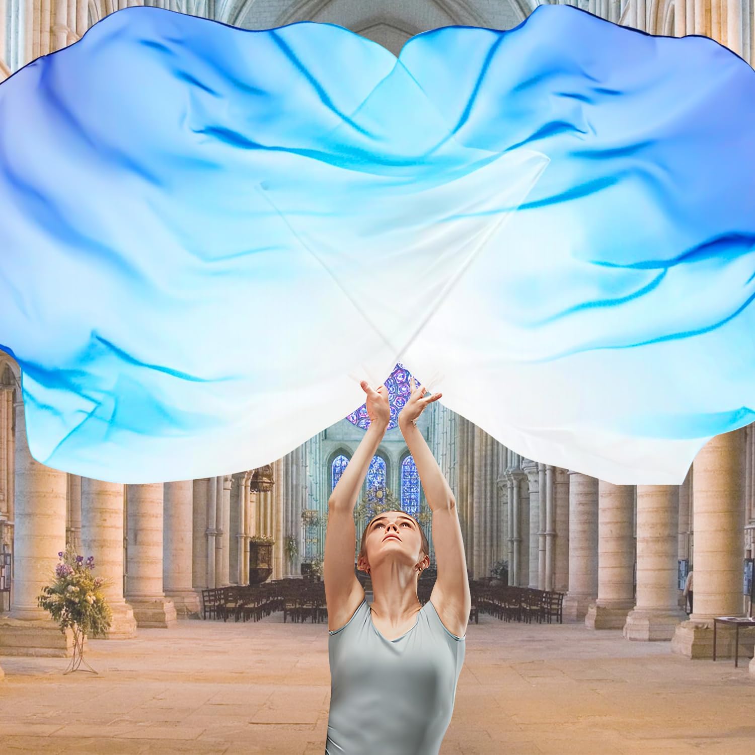 2 Set 55" Praise Dance Worship Flags, with Scalable Rod Semicircle Worship Angel Wing Flag, for Church Dance Performances (White Blue Blue) — image 4