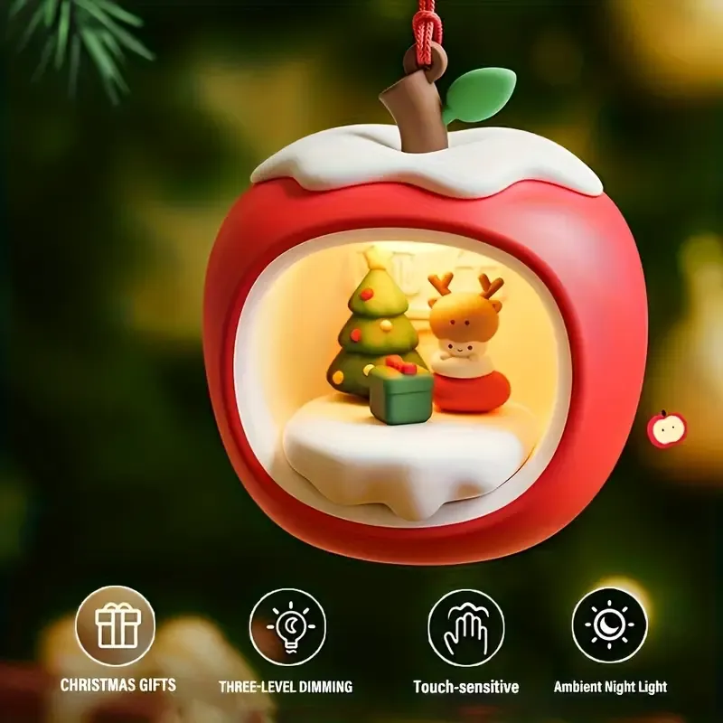 Christmas Apple Night Light Touch Dimmable Cute Reindeer Scene Bedroom Ambient Light Xmas Tree Ornament Xmas Eve Gift — image 4